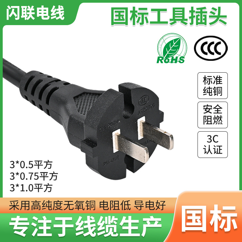 国标电动工具插头电源线 国标CCC认证圆头两插2芯大功率电源线