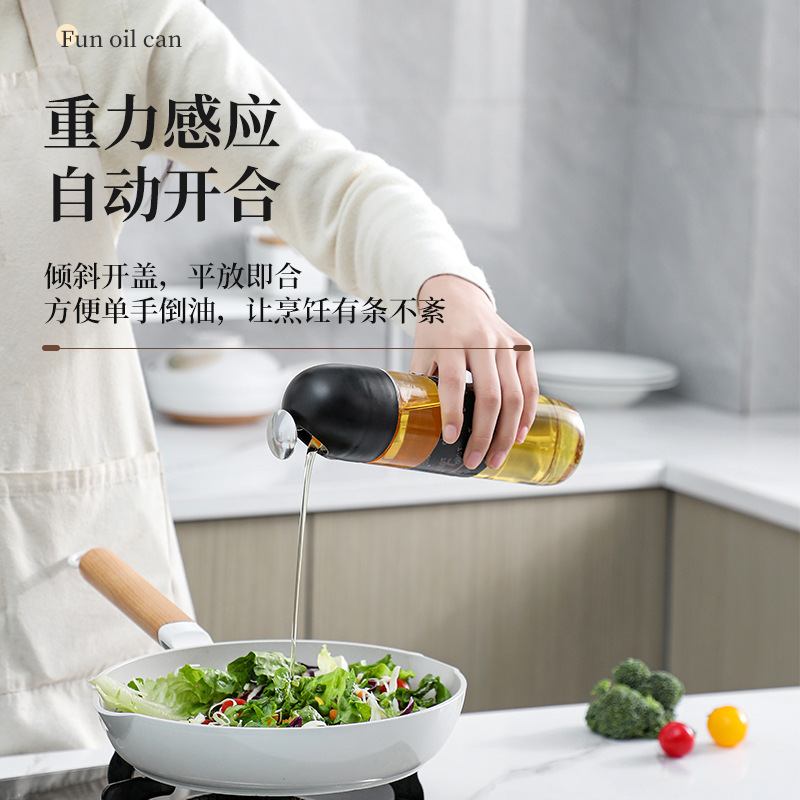 La nueva olla de aceite de vidrio de apertura y cierre automático, botella de condimento de cocina para el hogar, mayor capacidad, boquilla de aceite en forma de gota, tanque de vinagre de salsa de soja
