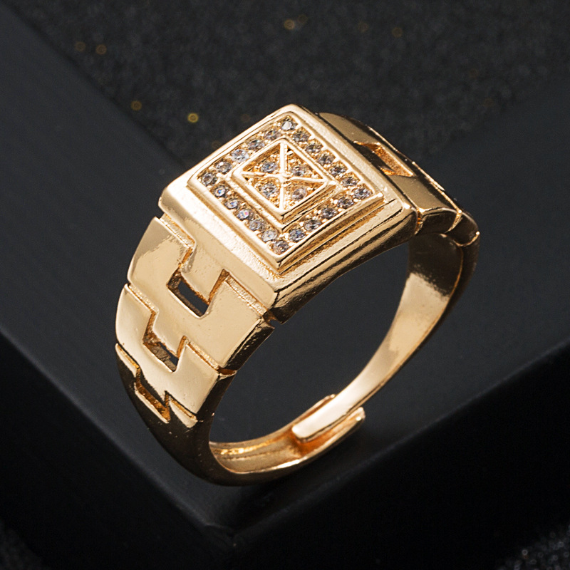 New Copper Plated Real Gold Micro Inlaid Zircon Geometric Men's Opening Ring display picture 5