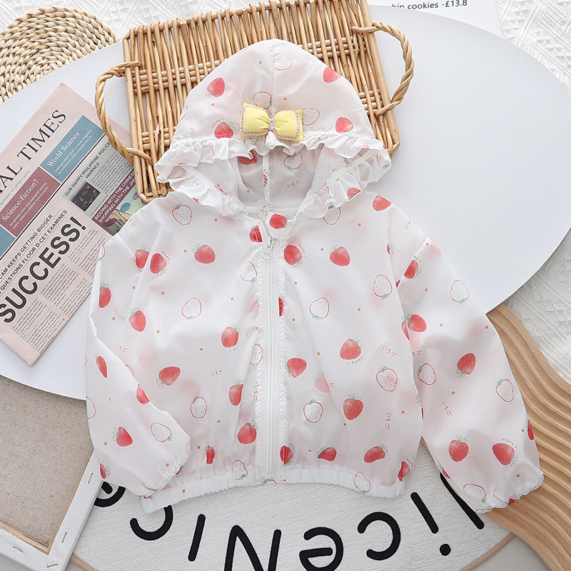 베이비 프린트 자외선 차단 재킷, 얇은 외출, 여아 여름 가디건, 아동 후드 탑, 해변 캠핑 트렌드