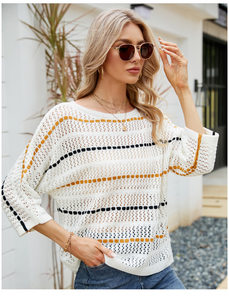 product - wholesale Loose Women Top Striped Knitwear off-Neck Hollow Out Hollow Out Cutout-out Knitted Sweater - 5