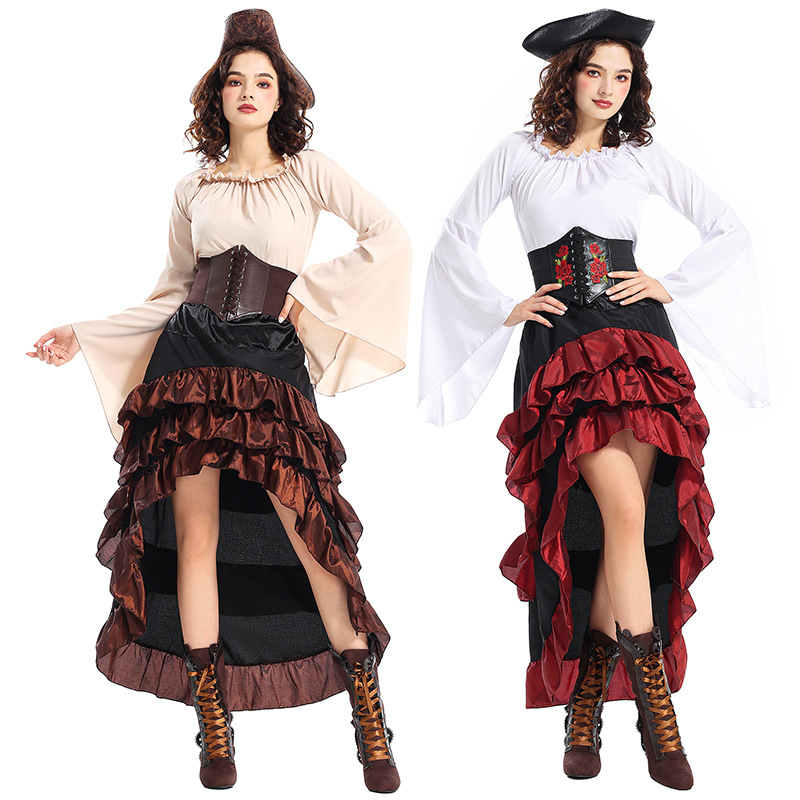 Halloween Costume Medieval Ocean-going Captain Pirate Queen Belted Lotus Leaf Long Dress Voyager cos Costume