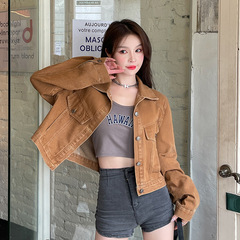 大衆のデザイン感のある工装のカーキ色のデニムのショートコートの女性2025春秋の新型の襟の単列のボタンのジャケット