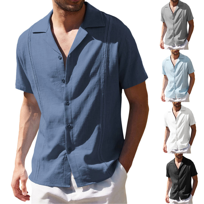 2023 Amazon Ebay Men's Loose Casual Linen Shirt Cuban Guayabera Short-Sleeved Beach Shirt for Men