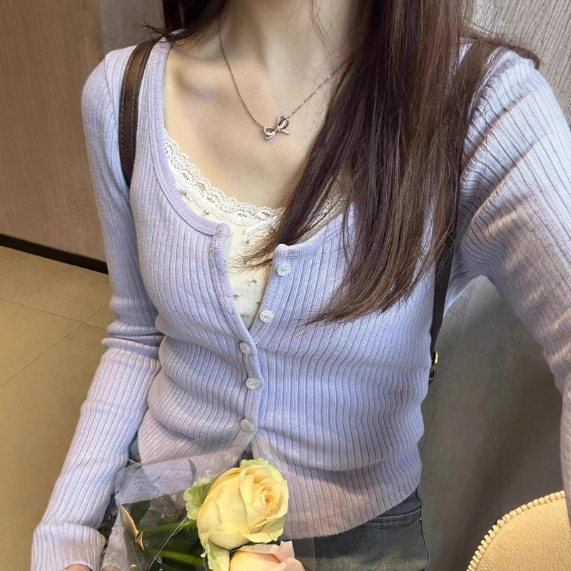 温柔系穿搭方领针织开衫女2025春季新款单排扣显瘦外搭短款小外套|undefined