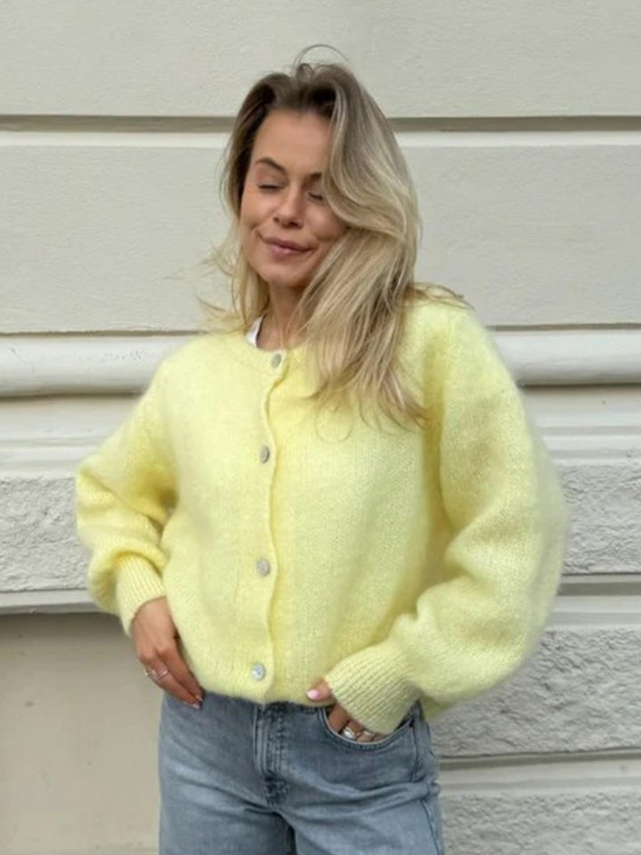 Áo cardigan len dệt kim dáng mỏng nhẹ cài nút một hàng, tay dài cổ tròn nữ — hoa hồng đỏ, màu be, màu cam, màu hoa cà