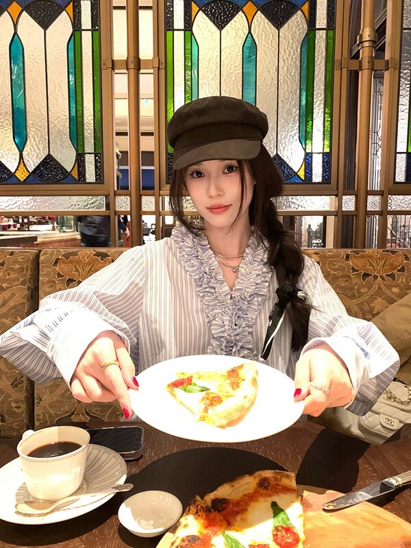 甜美风粉色条纹衬衫设计感木耳边长袖宽松衬衣女装秋季V领上衣ins|undefined