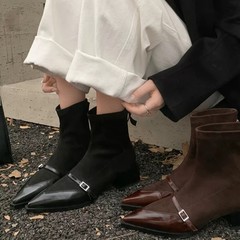 软皮版~棕色法式尖头短筒显瘦弹力靴女拼接绒面中跟复古时装短靴