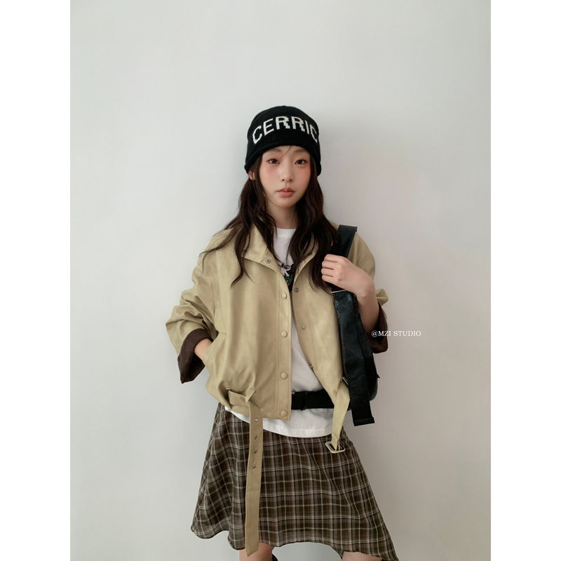 MZI STUDIO-领袖口撞色系带皮衣复古百搭气质皮衣(配腰带)12696B|undefined