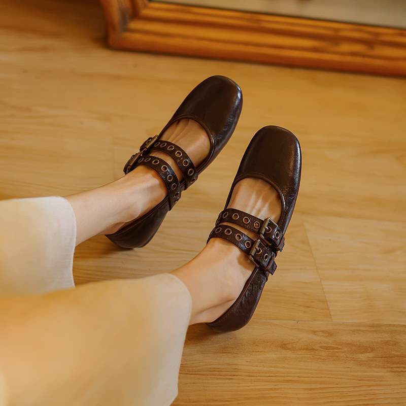 So Pretty~french Style Literary and Sweet Genuine Leather Double Buckle Flats Mary Jane Shoes for Pregnant Women and Grandma Shoes for Women