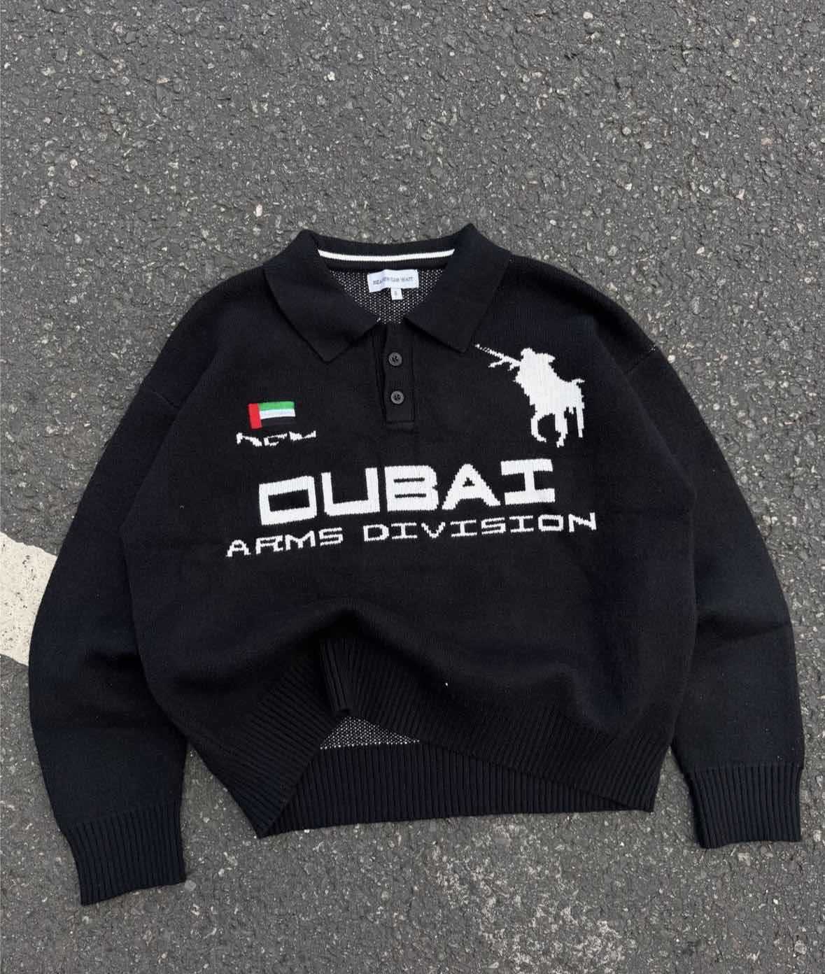 Suéter de punto negro retro americano transfronterizo europeo y americano, suéter suelto de manga larga con cuello de polo para hombre con letras pesadas