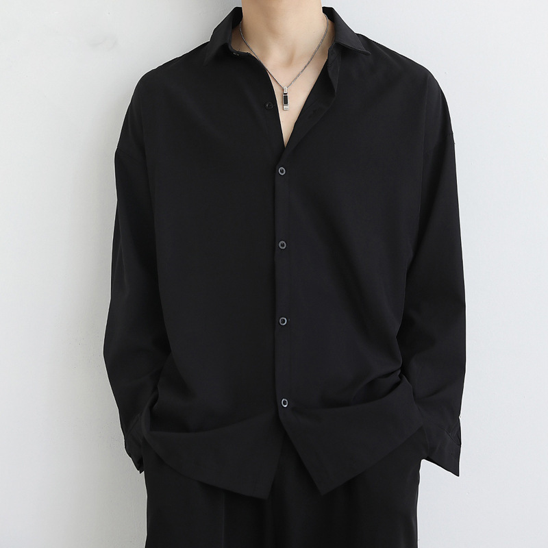 Loose Ice Silk Draped Black Shirt Men's Long-sleeved Spring and Autumn Dick Handsome Dk Men's Casual Base Men's White Shirt