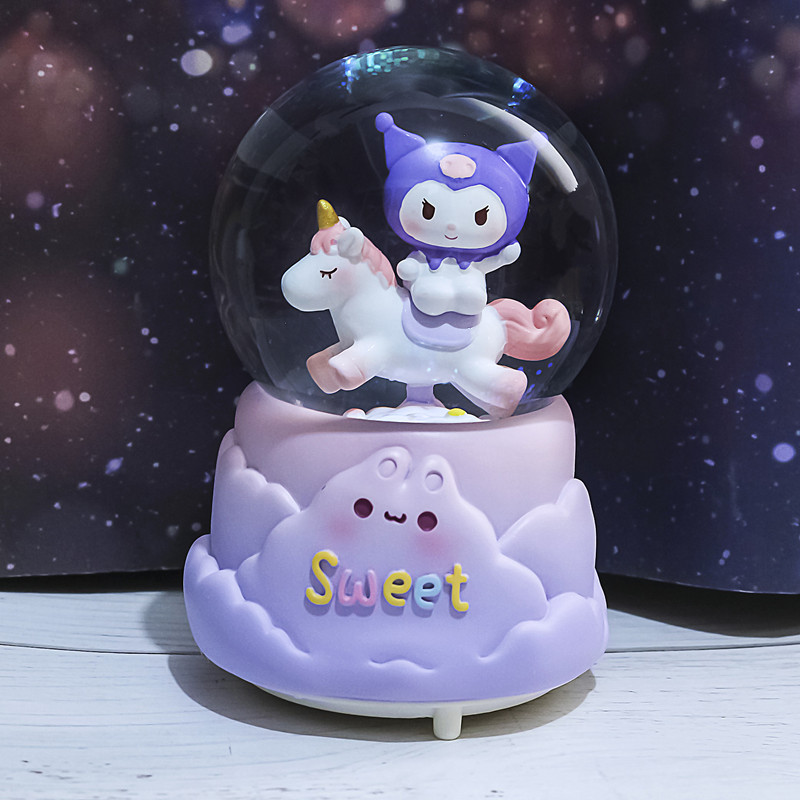 Nueva bola de cristal de mapache rosa pequeña, nieve, caja de música luminosa, luz nocturna, caja de música de regalo, artesanía de una pieza