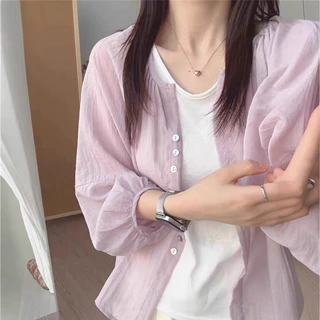 亚麻防晒衬衫外套女薄夏季天小开衫外搭宽松长袖衬衣短款上衣