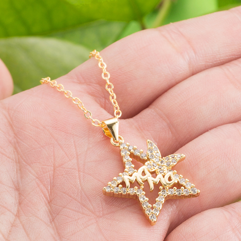 Letter Mama Zircon Necklace Five-pointed Star Pendant Hollow Copper Necklace display picture 2