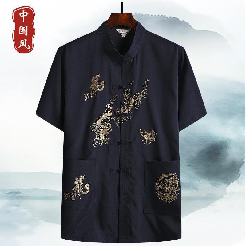 Middle-aged and Elderly Men's Tang Suit Short-sleeved Shirt Summer Hanfu Ethnic Costume with Vertical Collar Chinese-style Buckle for Dad Chinese Style