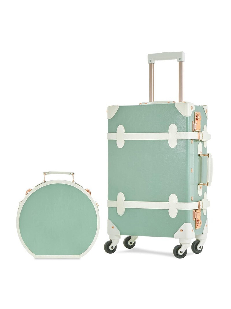 Vali kéo vintage da màu xanh lá cây 20 inch bánh xe xoay 360 độ, kèm hộp quà tặng — trà xanh matcha