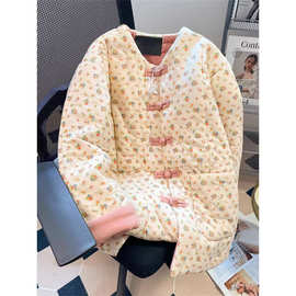 国风新中式盘扣棉衣棉服女秋冬季加厚保暖夹棉外套碎花棉袄