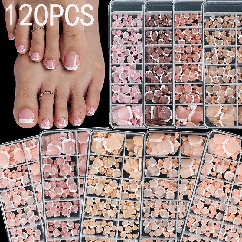 120 Pieces of French White Edge Toenails, Fake Nails, Toenails, Nude Pink Full Stickers, Square Short High-End Toenails