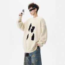 潮牌卡通小狗圆领毛衣男冬美式慵懒风百搭针织衫重磅宽松休闲上衣