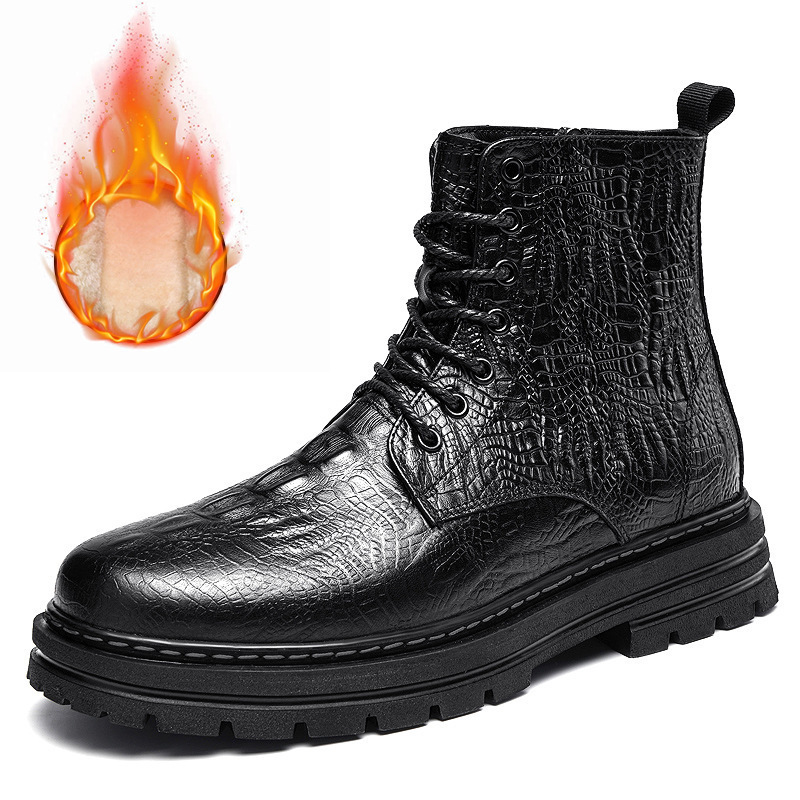 Trendy Classic Work Boots, Short Boots, Martin Boots, Autumn and Winter High-Top Crocodile Pattern Cowhide Large Size Cross-Border Cotton Shoes