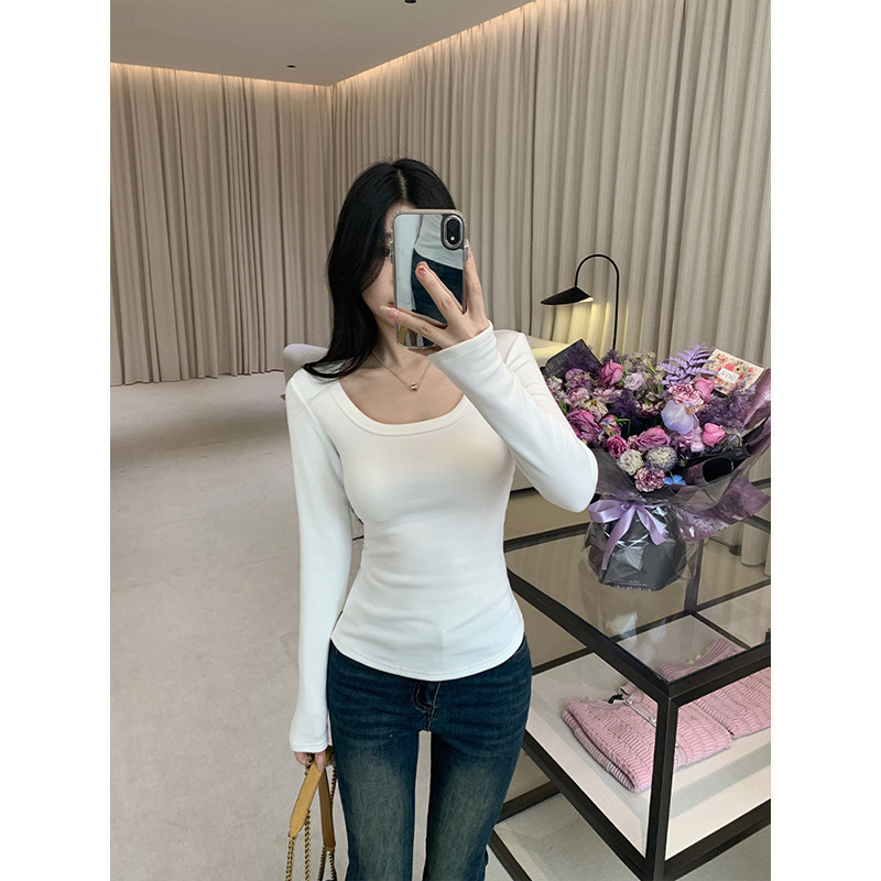 Moses Queen/魔西女王加绒保暖T恤方领打底衫长袖正肩显瘦上衣冬|undefined