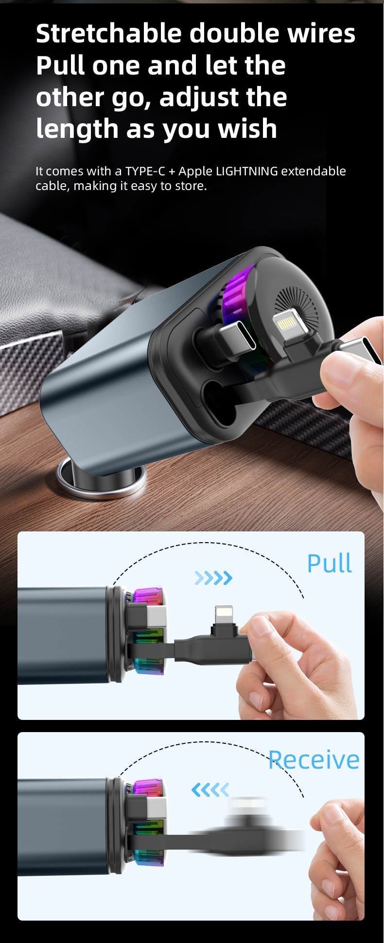 Car fast charger with starry sky light, ambient light, aromatherapy diffuser, Bluetooth MP3 player, retractable data cable