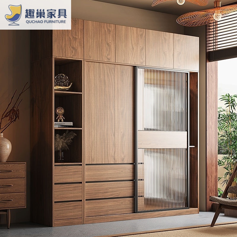 Nordic Sliding Door Wardrobe for Home Use in Small Bedrooms, Combination Glass Wardrobe, Modern Minimalist Light Luxury Solid Wood Wardrobe