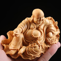 崖柏木雕刻荷葉元寶彌勒車擺家居書房客廳小擺件解壓招財人氣擺攤