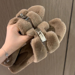 羊毛版~小金扣真皮外穿毛毛鞋女冬2025新款加厚加绒毛毛拖鞋棉鞋