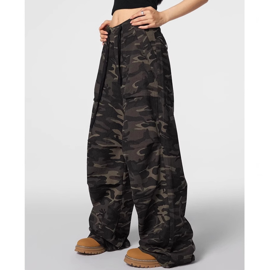 美式复古中腰迷彩工装裤女2025新款束脚宽松显瘦休闲裤辣妹牛仔裤