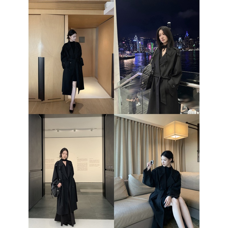 5werkwen 智贤风衣 双排扣大衣女秋冬中长款气质翻领系带春秋外套|undefined