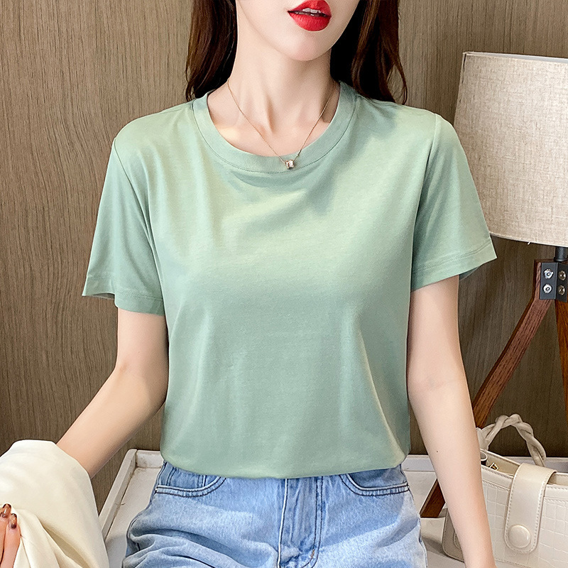 女性用半袖Tシャツ、夏用ゆったり半袖ボトムシャツ、ブルーの万能右肩Tシャツトップス|undefined