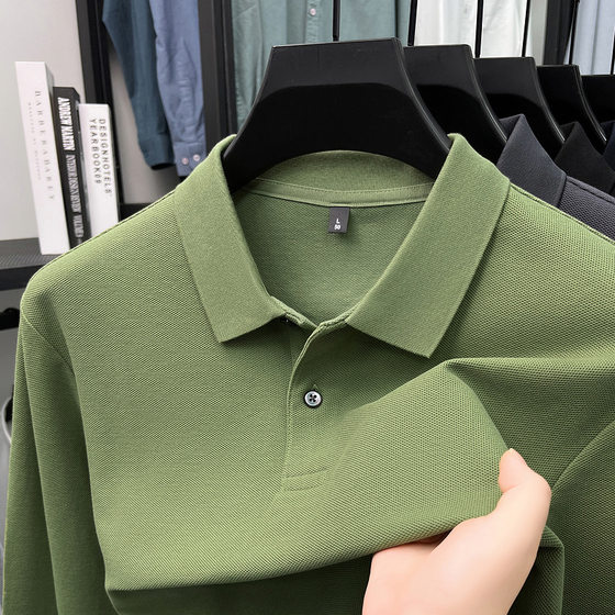 2025 new 100 mercerized cotton long sleeve polo shirt spring and autumn middle-aged dad solid color business men's T-shirt