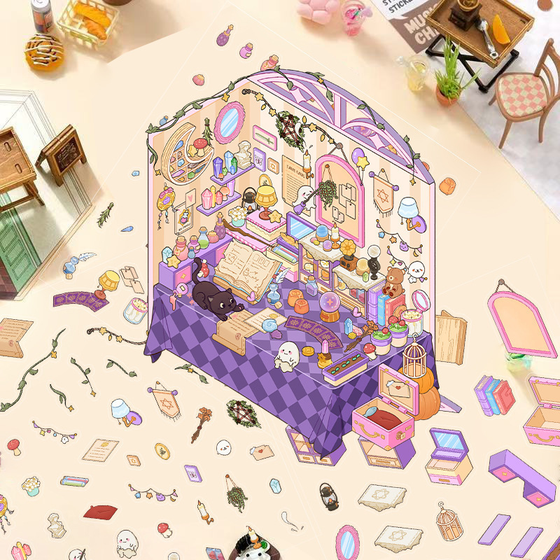 漫画造園ステッカー、さまざまなミニチュア世界 3D キャビン、リトルレッドブック減圧 DIY シーンハンドブックステッカー卸売 PET|undefined