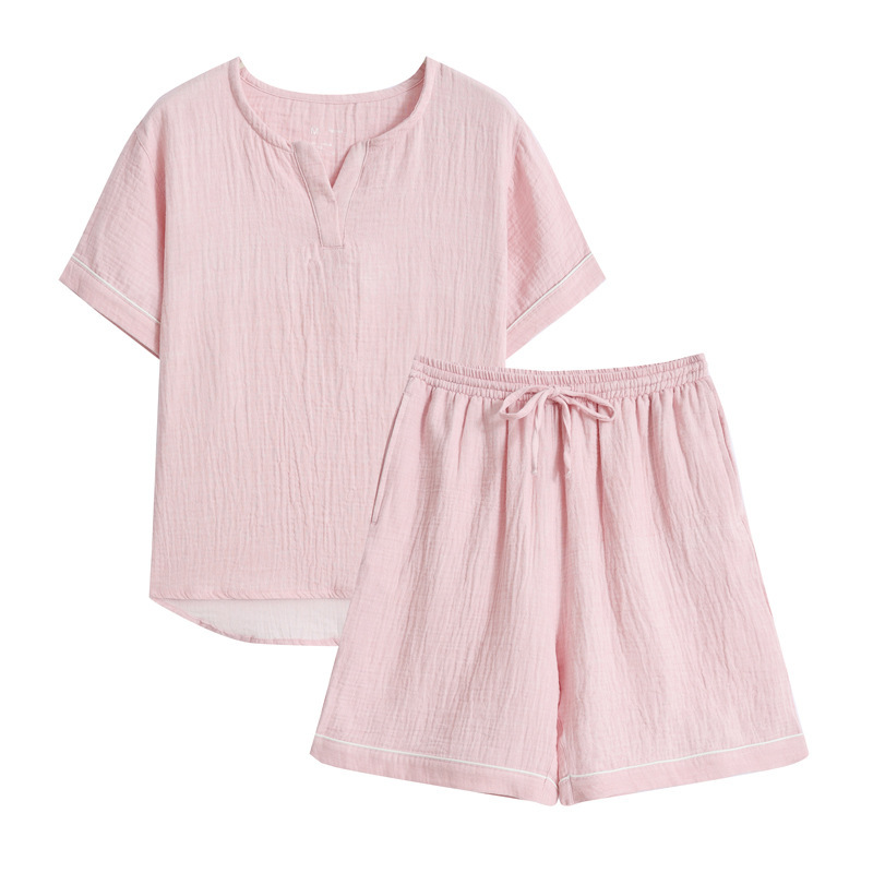 Non-printing Cotton Double-layer Yarn Pajamas Non-printing Japanese-style Short-sleeved Shorts Couple's Wrinkled Yarn Super Soft Cotton Home Clothes