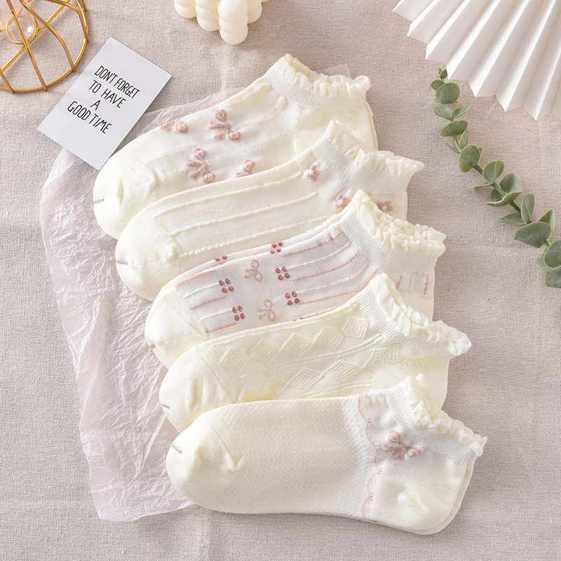 Summer Thin White Socks Women's Boat Pure Cotton Breathable Shallow Short Socks Japanese-style JK Lolita Lace Casual All-match