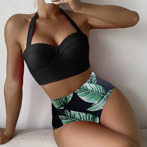 New European and American-style two-piece steel-boned push-up solid-color bikini swimwear—high-waisted, modesty-enhancing biquini that subtly covers the midriff.