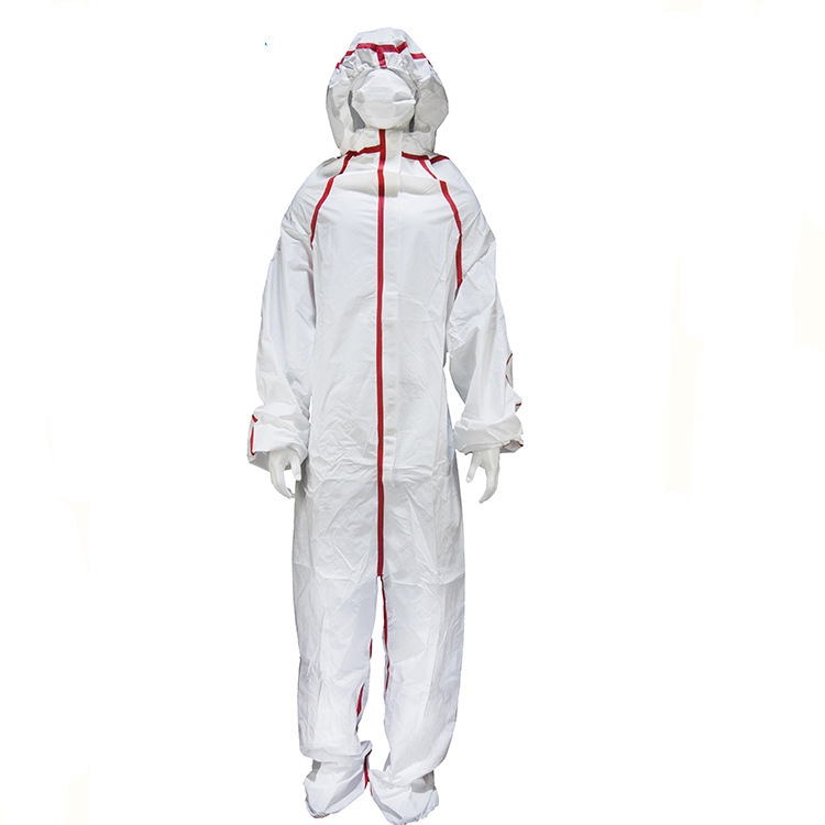 厂家直销 红色贴条  一次性隔离衣透气 帽子连体连体服防护服中性