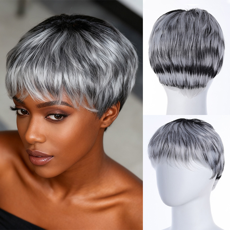 European and American style short gray women's wig with pixie cut bangs, soft curly synthetic gray curly hair wig European and American style short gray women's wig with pixie cut bangs, soft curly synthetic gray curly hair wig