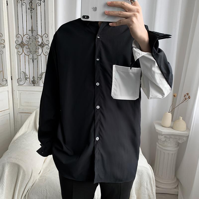 Men's Black And White Patchwork Long Sleeve Casual Shirt Trendy_voghion.com