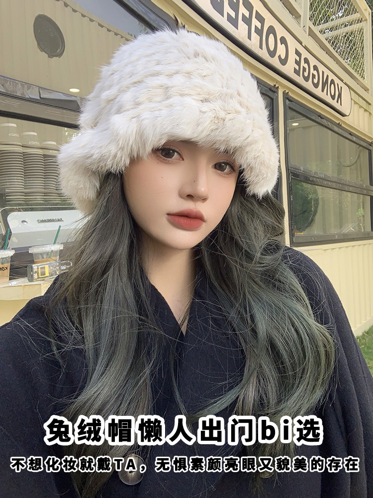 Real rabbit fur white plush hat women's autumn and winter warm face-looking small ear protection wool hat fur knitted fisherman hat