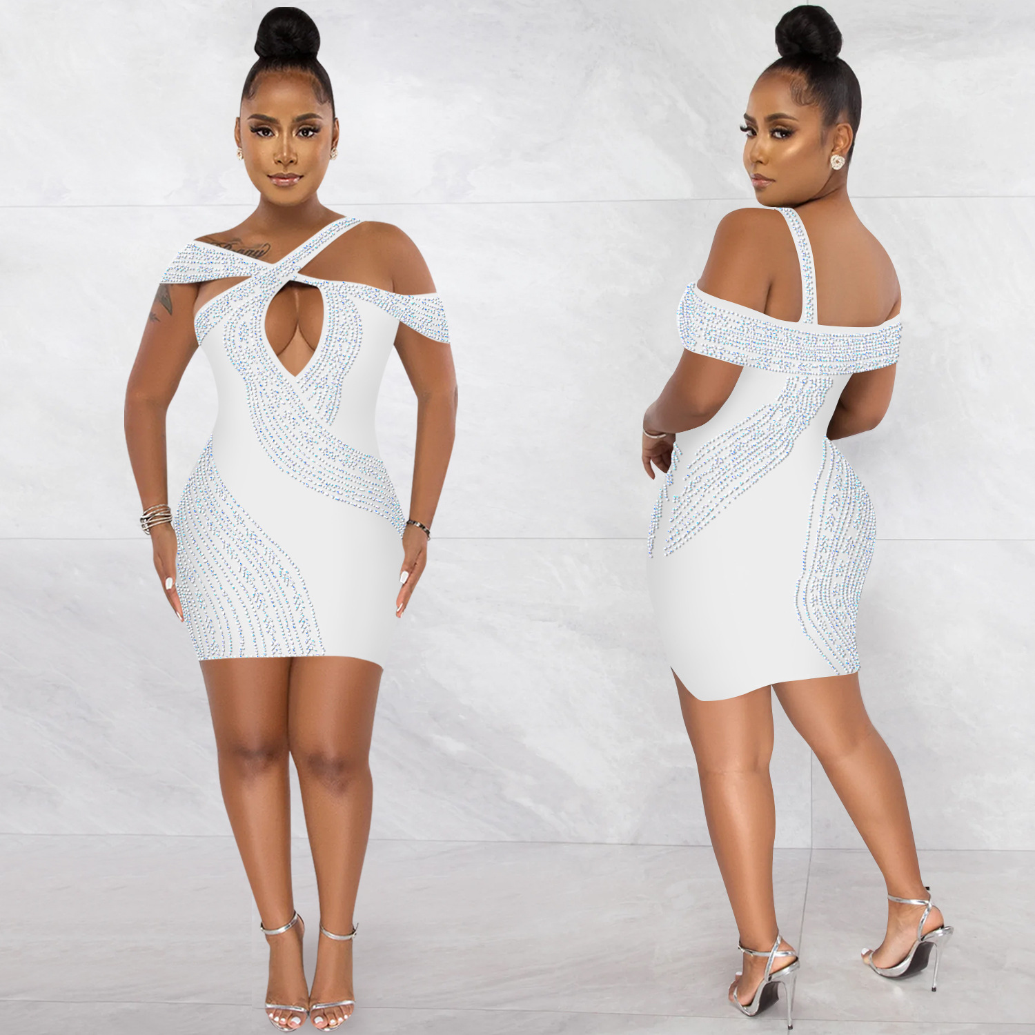 C5921 AliExpress Amazon moda europea y americana sexy discoteca rhinestone caliente hueco vestido midi image 4