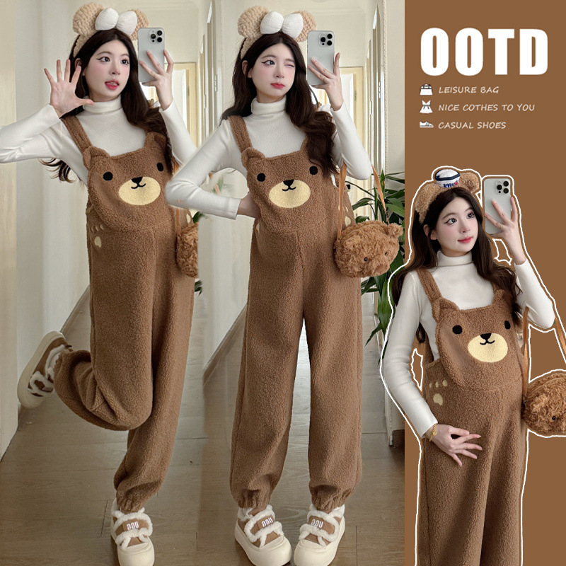 2025 가을 겨울 대형 사이즈 임산부복 플러스 벨벳 귀여운 곰 오버올 + 두꺼운 바닥 투피스 세트