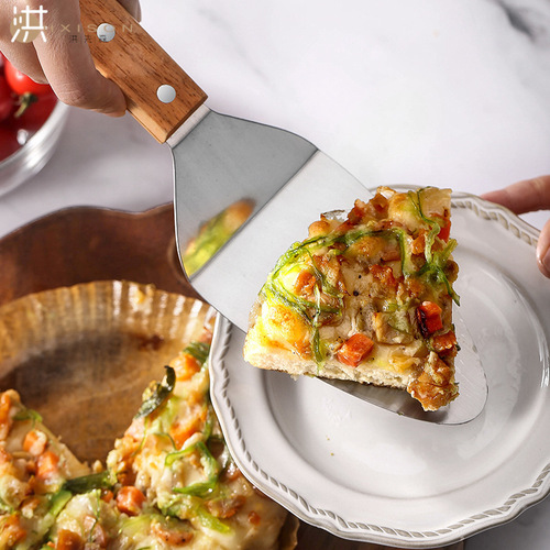 Pizza Turner with Wooden Handle, Triangle Cake Spatula, Transfer Spatula for Baking, Stainless Steel Steak Spatula, Cheese Cooking Tool, Round Panini Press