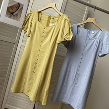 5.18十三行品質尾貨韓版夏季方領短袖連衣裙黃色高腰修身中長裙