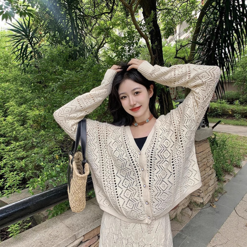 法式慵懒风镂空针织开衫名媛女春秋季高腰毛衣裙时尚两件套装|undefined