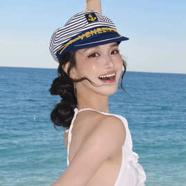 航海风~复古条纹拼色水手帽春夏宽檐船锚凹造型海军帽英伦八角帽