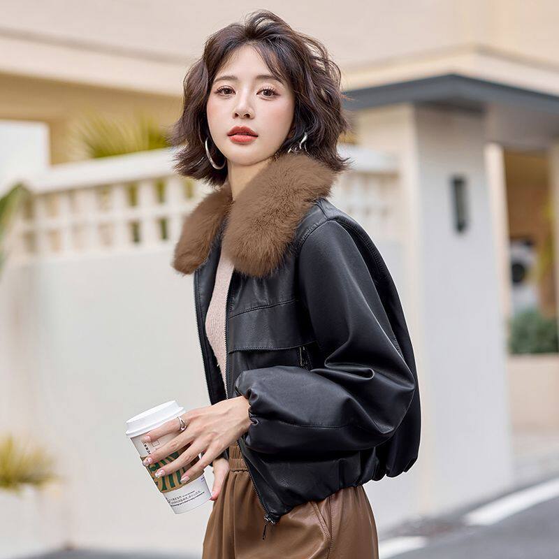 Áo khoác da PU dáng ngắn nữ lót lông cổ lông, phong cách thanh lịch — Trang chủ, đen