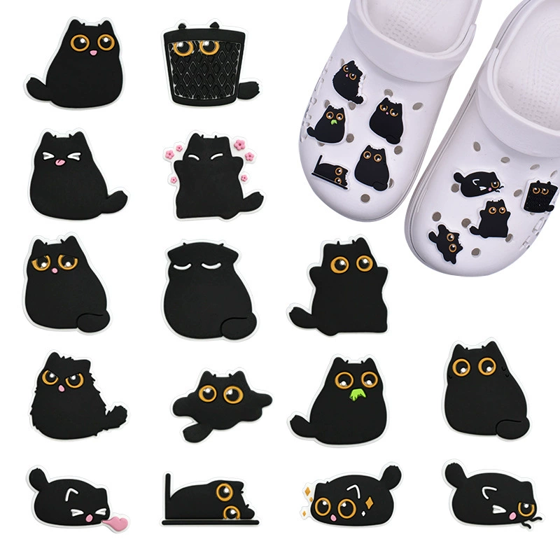 Кошка маленькая черная ПВХ мягкая пластиковая капля пластиковая съемная декоративная пряжка с отверстием для обуви с цветком пряжка для обуви кошка DIY аксессуары в наличии